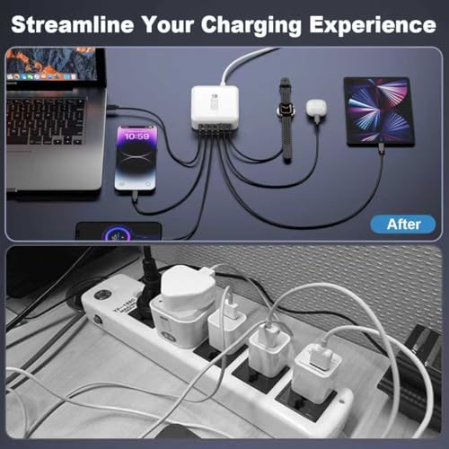 USB C Fast Charger Block, 120W 6-Port Charging Station GaN Hub Adapter, USB C Wall Multi Charger Power Strip Plug with On/Off Switch for iPad iPhone 17 16 15 14 13 12 Pro Max Galaxy S23 (White) - color: White