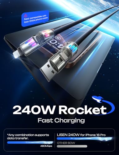 LISEN Chubby 4 in 1 Charging Cable (6.6FT) with Light, 240W Fast Charging Cable, USB A/C to C/Lightning Multi Charging Cable for iPhone 16 15 14 13 12 Pro Max, MacBook, iPad, Samsung, Black - color: Black, size: 6.6FT