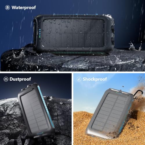 Solar Charger Power Bank 49800mAh Portable 15W Fast Charging Power Bank with QC3.0 USB-C & Dual USB-A Ports for Cell Phones, LED Flashlight, Carabiner, Waterproof Solar Panel for Camping, Outdoor