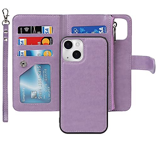 iCoverCase Compatible with iPhone 13 Wallet Phone Case with Card Holder, PU Leather Zipper Pocket Magnetic Detachable Flip Case with Wrist Strap (Purple) - color: Detachable--Purple