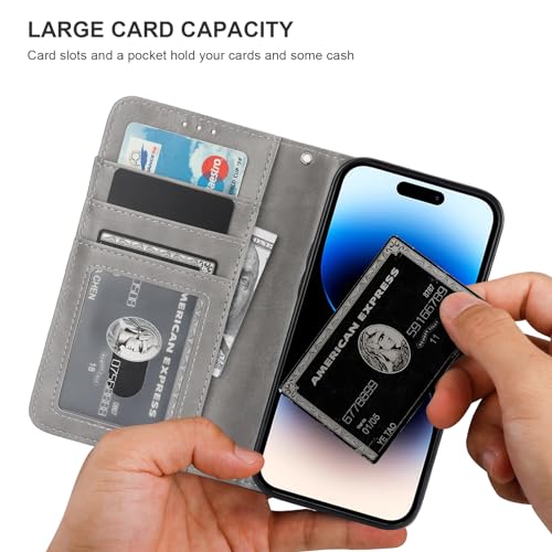 Bocasal Detachable Wallet Case Card Holder for iPhone 14, Grey | RFID Blocking Kickstand Card Slots Holder PU Leather Magnetic Shockproof Wrist Strap Removable Flip Protective Cover 6.1 inch - color: Gray