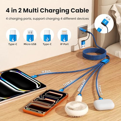 4 in 2 Multi Charging Cable, USBA/C Universal Charging Cords 2 Pack 5FT - color: Dark Blue
