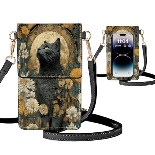 Small Crossbody Bags for Women Touchscreen Cell Phone Bag Cross Body Purses with adjustable Strap,Gifts For Teenage Girls-Black Cat Halo Floral
