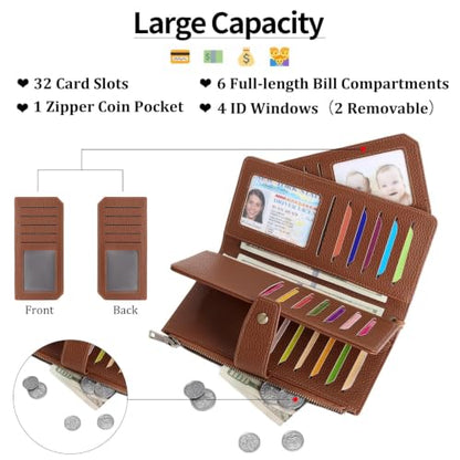 GAEKEAO Womens Wallet RFID Blocking Large Capacity Vegan Leather Card Holder Wristlet Clutch with 32 Card Slots 4 ID Windows - color: X05-Brown