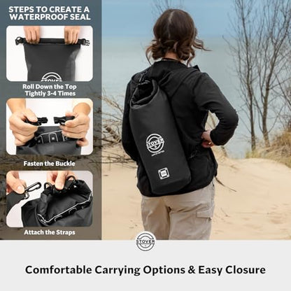 STOVER 5/10/25/30/40L Waterproof Dry Bag, Medium Lightweight Roll Top Dry Bag Backpack w/Waterproof Phone Case, Kayaking, Travel, Hiking, Fishing, Tubing, Camping, the Beach, Men/Women (Black) - color: 5/10l Black, size: 10L