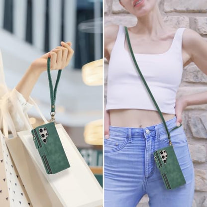 for Samsung Galaxy S24-Ultra-Wallet Case: with RFID Blocking Card Slots (6 Cards) | Soft PU Leather Magnetic Snap Zipper Pocket | Crossbody Wrist Strap Protective Phone Cover - Green - color: Green, size: Galaxy S24 Ultra（6.8‘’）