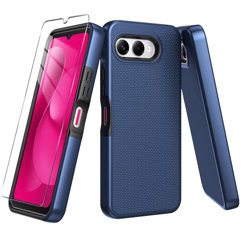 for T-Mobile REVVL 8 Phone Case with Tempered Glass Screen Protector,Dual Layer Heavy Duty Shockproof Protection Cover (Blue) - color: Blue