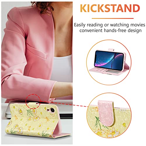 UEEBAI Wallet Case for iPhone XR, PU Leather Phone Case Kickstand RFID Blocking Flip Case with Card Slots Wrist Strap Relief Engraved Pattern Magnetic Closure Folio Case - Yellow Daisy - color: Yellow Daisy