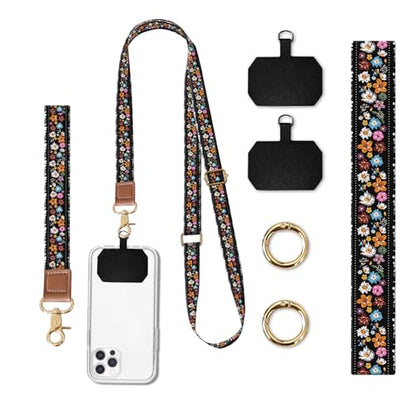 Phone Lanyard Crossbody Wrist Strap, Universal Adjustable Neck Strap for Phone Case Keys ID Badges - color: Boho Colorful Flowers