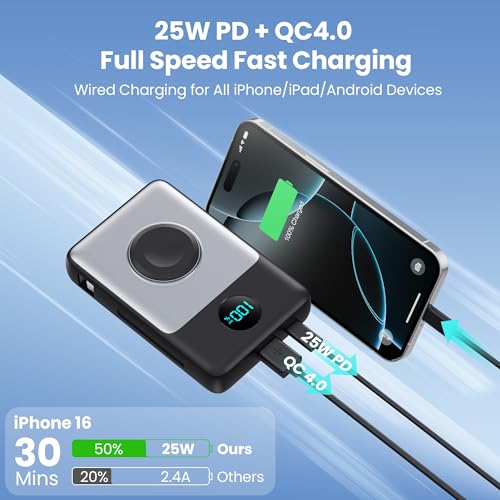 Magnetic Portable Charger for iPhone 18/17/16,10800mAh Power Bank with Built-in Cables & LCD Display,25W PD Fast Charging Battery Pack for iPhone 18 Pro/18 Pro Max/17/16/15/14/13/12 Series,Apple Watch