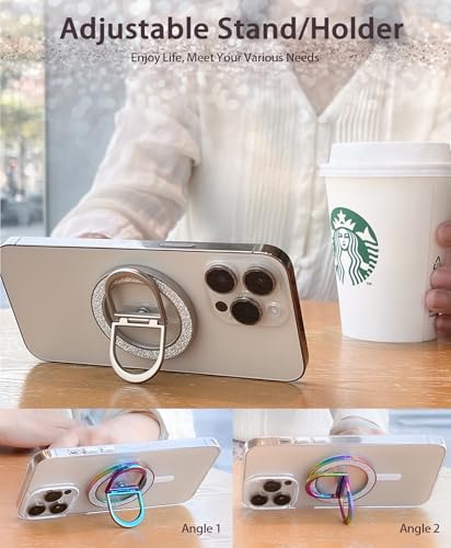 Magnetic Phone Ring Grip Finger Kickstand, Twinkle Transparent Magnetic Double Rings Holder for iPhone 17 16 15 14 Pro Max Plus (Titanium) - color: Titanium