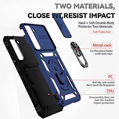 for Samsung Galaxy S22 Case with Camera Lens Cover HD Screen Protector, Dual Layer Military-Grade Drop Tested Magnetic Ring Holder Kickstand Protective Phone Case for Samsung Galaxy S22 5G (Navy Blue) - color: Navy Blue with camera cover Military-Grade 2n