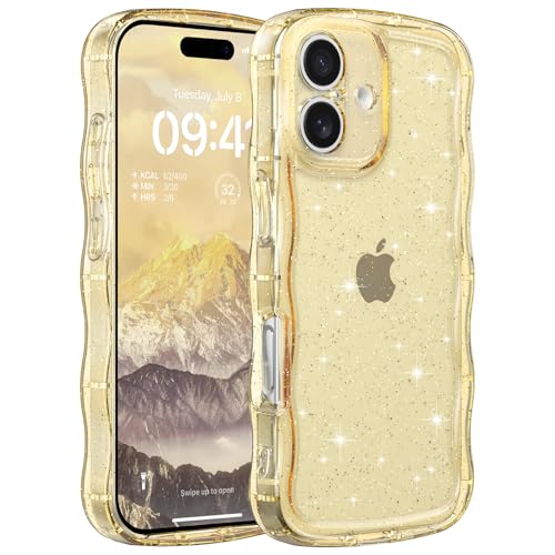 FABSPARK for iPhone 16,Glitter Wavy Clear PC Case,Clear Yellow | Cute Curly Wave | Non-Yellowing Transparent Acrylic | Case with Sparkly Bling for iPhone 16,Glitter Clear Yellow - color: Glitter Clear Yellow, size: for iPhone 16