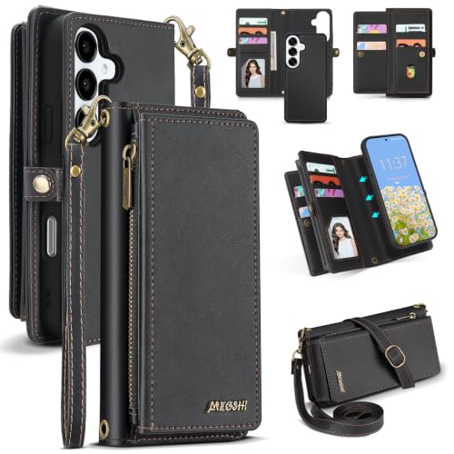 for Samsumg Galaxy S25 Wallet Case, Detachable Magnetic Shockproof Phone Case,Faux Leather Crossbody Wallet,with RFID Blocking，Zipper Card Holder，Shoulder Strap (Black) - color: Black, size: Samsumg Galaxy S25
