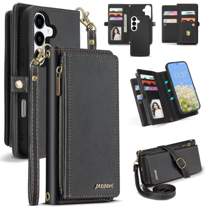 for Samsumg Galaxy S25 Plus Wallet Case, Detachable Magnetic Shockproof Phone Case,Faux Leather Crossbody Wallet,with RFID Blocking，Zipper Card Holder，Shoulder Strap (Black) - color: Black, size: Samsumg Galaxy S25 Plus