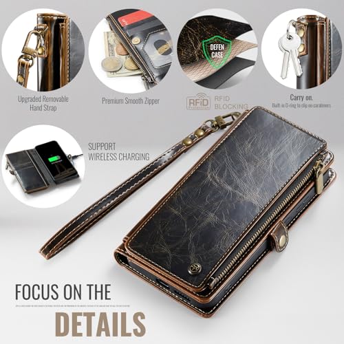 Defencase for Samsung Galaxy S25 Wallet Case with RFID Card Holder, Coffee | Durable Soft PU Leather, with Zipper Pocket, Wrist Strap, Fashion Snap Flip S25 Phone Cases Cover with Stand for Women Men - color: Coffee