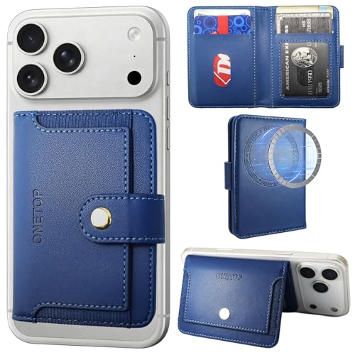 ONETOP for MagSafe Wallet,Magnetic Phone Wallet with 5 Card Slots,Blue | 1-12 Cards/Cash Holder for iPhone 17/16/15/14/13/12 Series,Detachable Wallet Stick-On Back,PU Leather RFID Blocking Kickstand - color: Blue