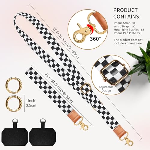 Cell Phone Lanyard Adjustable Crossbody Strap, Cute Phone Neck Wristlet Wrist Strap Patch for Keys Case Accessories - color: Black White Checkerboard