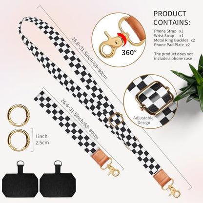 Cell Phone Lanyard Adjustable Crossbody Strap, Cute Phone Neck Wristlet Wrist Strap Patch for Keys Case Accessories - color: Black White Checkerboard