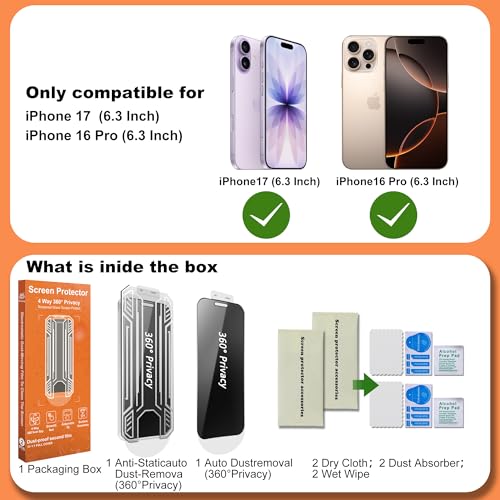 360° 4 Way Privacy Screen Protector for iPhone 17 / iPhone 16 Pro [2 Pack], Anti-Spy Tempered Glass, 9H Hardness Shatterproof, 3D Curved Edges, Case-Friendly, Bubble-Free Easy Installation - size: for iPhone 17 / iPhone 16 Pro