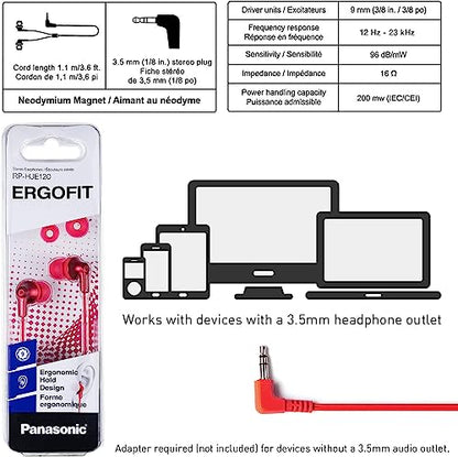 Panasonic Ergofit in-Ear Earbud Headphones Metallic Red (RP-HJE120-RA) - color: Metallic Red, size: S/M/L, style: No Mic