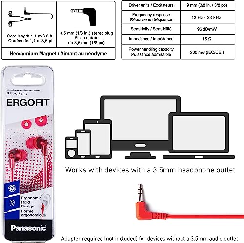 Panasonic Ergofit in-Ear Earbud Headphones Metallic Red (RP-HJE120-RA) - color: Metallic Red, size: S/M/L, style: No Mic