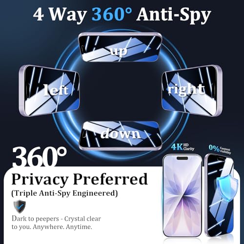 (3+2 Pack) 360°Privacy Screen Protector for iPhone 17 【4 Way Anti Spy】 + Camera Lens Protector,9H Shatterproof, Anti-Peep,Bubble-Free, Case Friendly Easy Installation Frame Included - Orange - size: iPhone 17