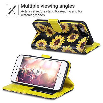 ULAK for iPhone SE 3(2022)/SE(2020)/8/7 Wallet Case Card Holder, Sunflower | Premium PU Leather Flip Case with Kickstand Card Slots,RFID Blocking,Wrist Strap, Durable Shockproof Cover 4.7 Inch - color: Sunflower