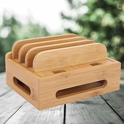 Bamboo Charging Station Organizer for Multiple Devices - 4 Slot Phone Tablet Holder with Cable Management, Desktop Organizer for Home Office Desk Accessories