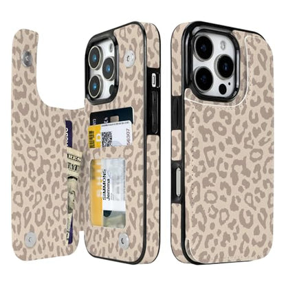 Compatible with iPhone 16 Pro Wallet Case with Card Holder, Back Flip Folio PU Leather Kickstand Card Slots Case for Women Girls, Double Magnetic Clasp Cover 6.3 Inch (Beige Leopard) - color: Beige Leopard, size: iPhone 16 Pro 6.3 inch