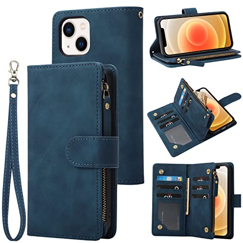 RANYOK Wallet Case Compatible with iPhone 13/14 (6.1 inch), Premium PU Leather Zipper Flip Folio Wallet RFID Blocking with Wrist Strap Magnetic Closure Built-in Kickstand Protective Case (Blue) - color: Blue