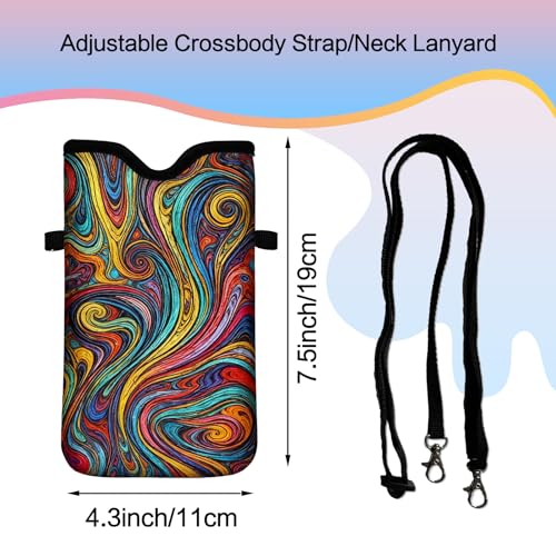 Men Women Neoprene Cell Phone Sleeve Pouch Case Bag with Crossbody Strap/Neck Lanyard 7.5 X 4.3 in (Vibrant Abstract Fluid Swirl Pattern) - color: Vibrant Abstract Fluid Swirl Pattern
