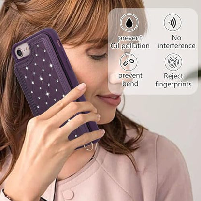 for iPhone 7/8/SE 2022/SE 2020 Wallet Case with Card Holder Slots and Strap, RFID Blocking Magnetic Flip Folio Cover, Crossbody Purse Protection Case with Kickstand,Deep Purple Diamond - color: Deep Purple Diamond, size: iPhone 7/8/SE 2022/SE 2020(6.6")