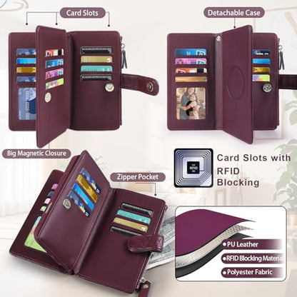 for iPhone 16e/17e Case Wallet,Compatible with MagSafe Magnetic 2 in 1 Magnetic Detachable PU Leather RFID Blocking Wallet Cover Card Holder Zipper Wrist Strap Lanyard,Quilted Wine Red - color: Quilted Wine Red