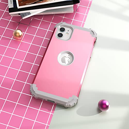 IDweel for iPhone 11 Case with Screen Protector(Tempered Glass), Hybrid 3 in 1 Shockproof Slim Fit Heavy Duty Protection Hard PC Cover Soft Silicone Bumper Full Body Case,Pink/Light Grey - color: Pink/Light Grey