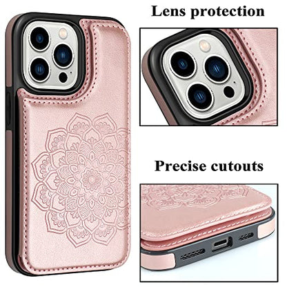 MMHUO iPhone 15 Pro Case, Magnetic Back Flip Wallet Case - Flower Pattern, Card Holder, Rose Gold - color: Rose Gold, size: Iphone 15 Pro 6.1"-(S)(Three Cameras)
