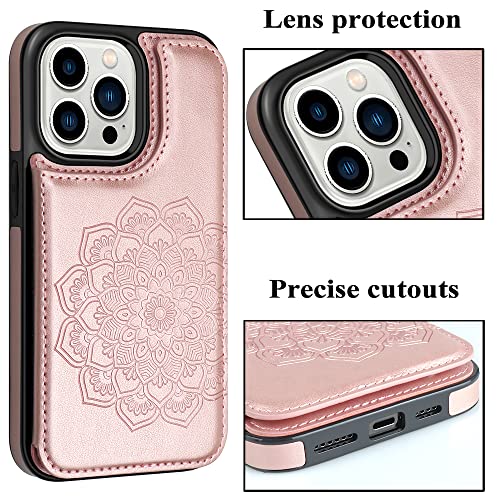 MMHUO iPhone 15 Pro Case, Magnetic Back Flip Wallet Case - Flower Pattern, Card Holder, Rose Gold - color: Rose Gold, size: Iphone 15 Pro 6.1"-(S)(Three Cameras)