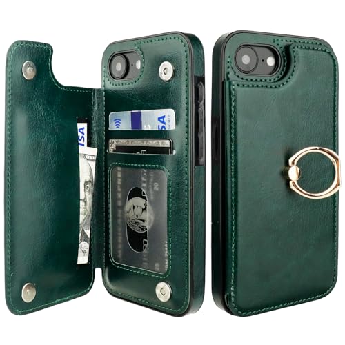 ONETOP for iPhone 17e/16e Wallet Case with Credit Card Holder,Green | 360° Rotation Ring Kickstand,Finger Grip,Double Magnetic Clasp,RFID Blocking PU Leather Shockproof Cover for Women Men - color: Green