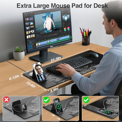 Wireless Charging Mouse Pad with Phone Holder, 31.5"x15.8" in, Black Wave - color: Black Wave-Phone Holder-31.5"x15.8"