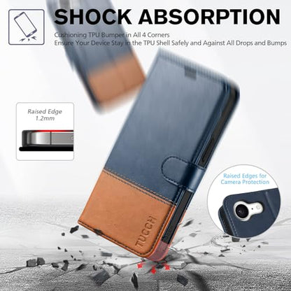 TUCCH Wallet Case for iPhone 17e & 16e (6.1"), 4 Card Holders, Blue & Brown | RFID Blocking, Viewing Stand, Shockproof TPU Shell, PU Leather, Magnetic Closure, Protective Folio Flip Cover - color: Two-tone Blue & Brown