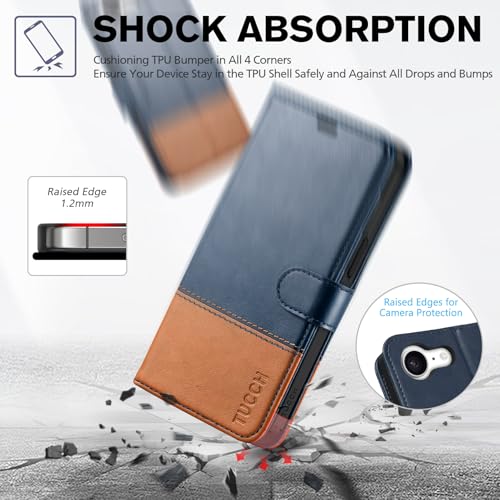 TUCCH Wallet Case for iPhone 17e & 16e (6.1"), 4 Card Holders, Blue & Brown | RFID Blocking, Viewing Stand, Shockproof TPU Shell, PU Leather, Magnetic Closure, Protective Folio Flip Cover - color: Two-tone Blue & Brown