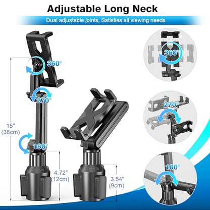 Cup Holder Car Tablet Mount for Truck, Ipad Cup Holder Car Mount with 15" Adjustable Arm Stand for Tablet iPhone 4.7-13in, iPad Pro Air Mini, Fire, iPhone 16 15, Galaxy S25 S24 Z Fold 6 5