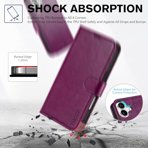 TUCCH Wallet Case for iPhone 16 (6.1") 2024, 4 Card Slots, Plum Purple | RFID Blocking, Viewing Stand, Shockproof TPU Shell, PU Leather, Magnetic Closure, Protective Folio Flip Cover - color: Plum Purple