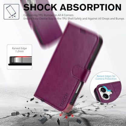 TUCCH Wallet Case for iPhone 16 (6.1") 2024, 4 Card Slots, Plum Purple | RFID Blocking, Viewing Stand, Shockproof TPU Shell, PU Leather, Magnetic Closure, Protective Folio Flip Cover - color: Plum Purple