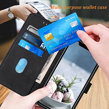 for iPhone X/Xs Flip Wallet Case with Card Slots, Black | PU Leather, TPU Interior, 3 Card Slots, Cash Pocket, Magnetic Clasp, Detachable Wrist Strap, Stand, Precise Cutouts - color: Black