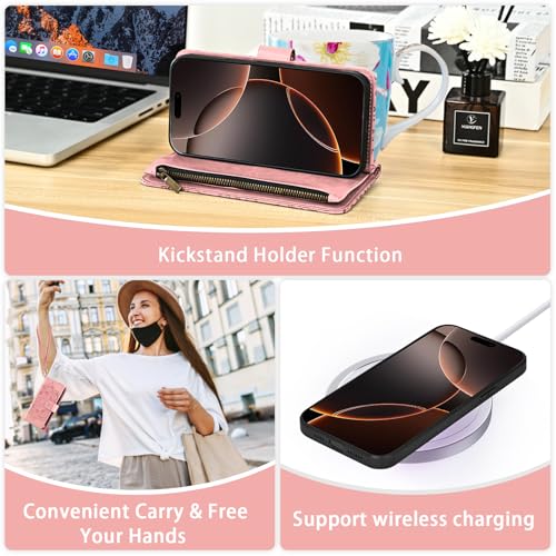 Asuwish Phone Case for iPhone 16 Pro 6.3 inch Zipper Wallet Magnetic Detachable Cell Cover with Tempered Glass Screen Protector Crossbody Strap Flower Card Holder i Phone16 i16 16Pro Women Rose Gold - color: Rose Gold