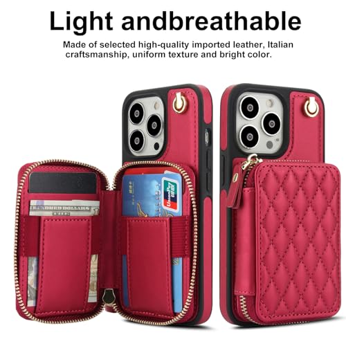 Phone Case for iPhone 14 Pro 6.1 inch Wallet Cell Cover with Tempered Glass Screen Protector Wrist Crossbody Strap RFID Blocking Card Holder TPU iPhone14Pro 5G i i-Phone i14 iPhone14 4 14Pro Women Red - color: Red