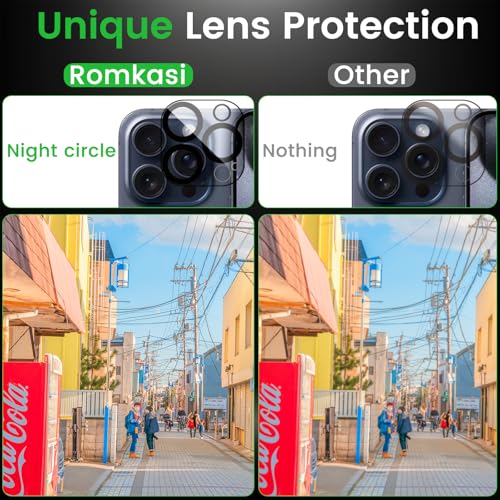 Romkasi 4 Pack Privacy Screen Protector for iPhone 15 Pro 6.1 Inch with 4 Pack Camera Lens Protector, Anti Spy Tempered Glass Film, Anti-Scratch, Touch Sensitive, Case Friendly - color: iPhone 15 Pro