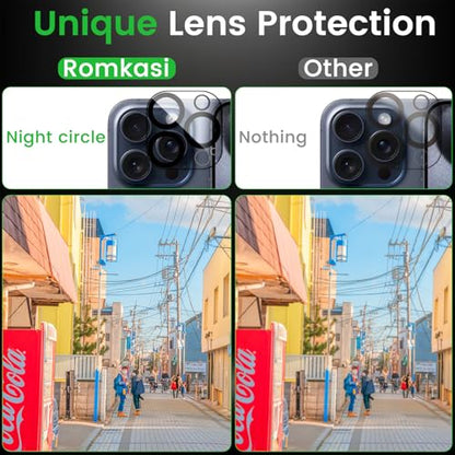 Romkasi 4 Pack Privacy Screen Protector for iPhone 15 Pro 6.1 Inch with 4 Pack Camera Lens Protector, Anti Spy Tempered Glass Film, Anti-Scratch, Touch Sensitive, Case Friendly - color: iPhone 15 Pro