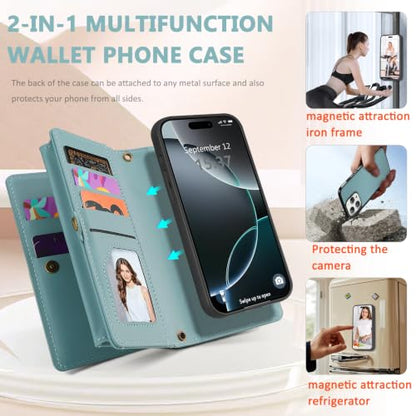 for iPhone 16 Pro Max Wallet Case, Detachable Magnetic Shockproof Phone Case,Faux Leather Crossbody Wallet,with RFID Blocking，Zipper Card Holder，Shoulder Strap (Blue) - color: Blue, size: iPhone 16 Pro Max